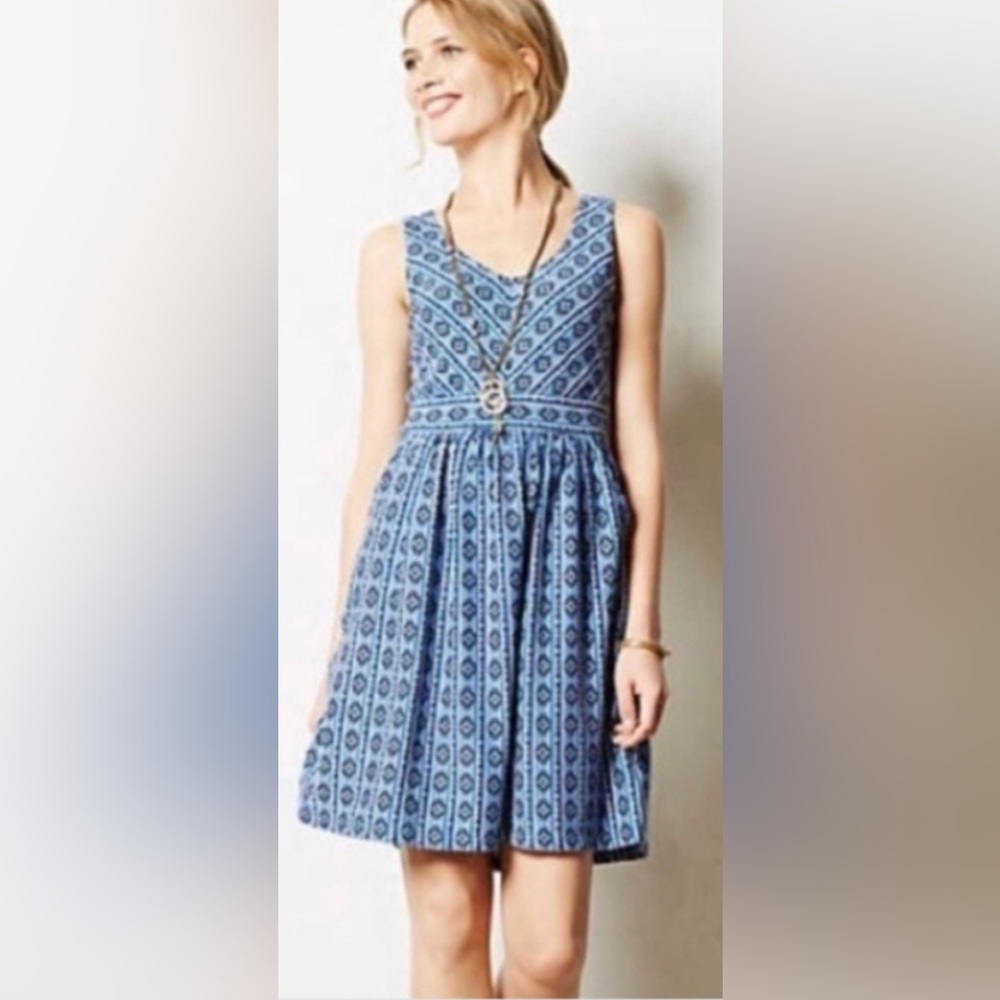 Anthropologie | Maeve  Lazuli Dress Blue & White Knit Southwest Motifs ZB12